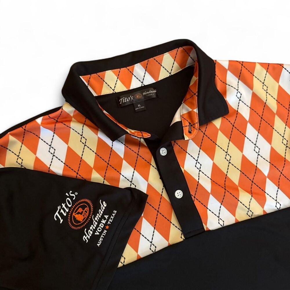 Tito’s Handmade Vodka branded logo black argyle golf polo Men's XL Austin TX
